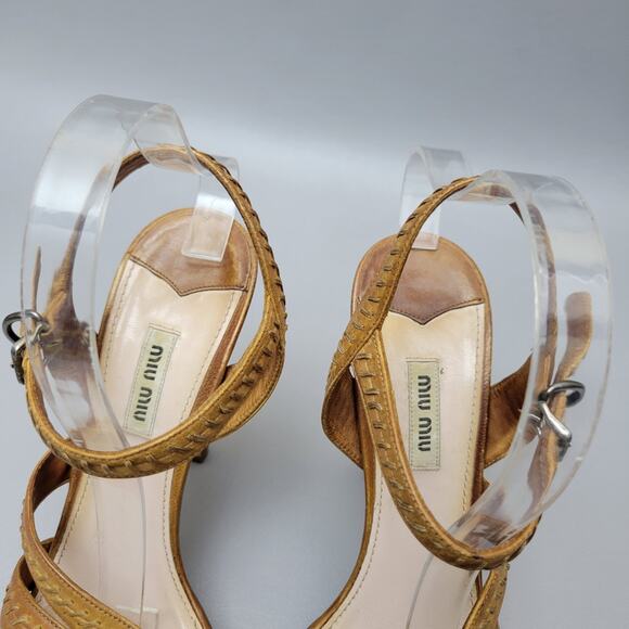 VTG Miu Miu Stilettos Leather Cognac Brown Open Toe Slingback Strappy Heels 10 - Picture 8 of 16